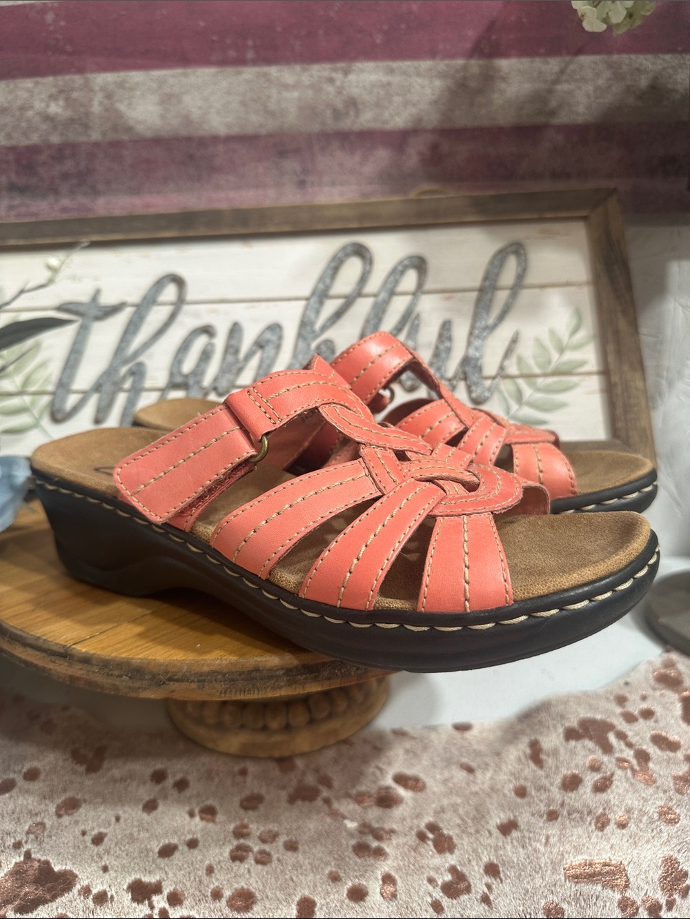 Clarks Coral Pink Leather Slip-On Comfort Sandals for Women